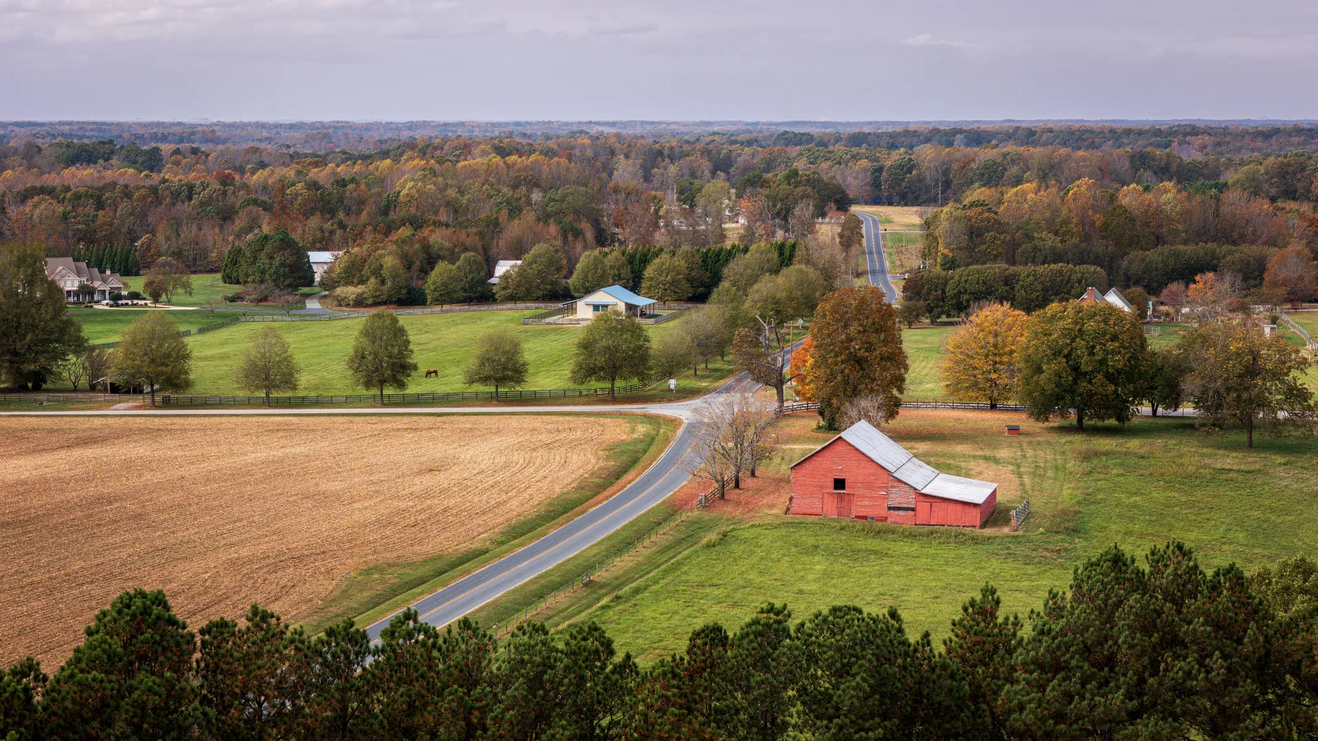 Aerial view of a North Carolina farm in fall