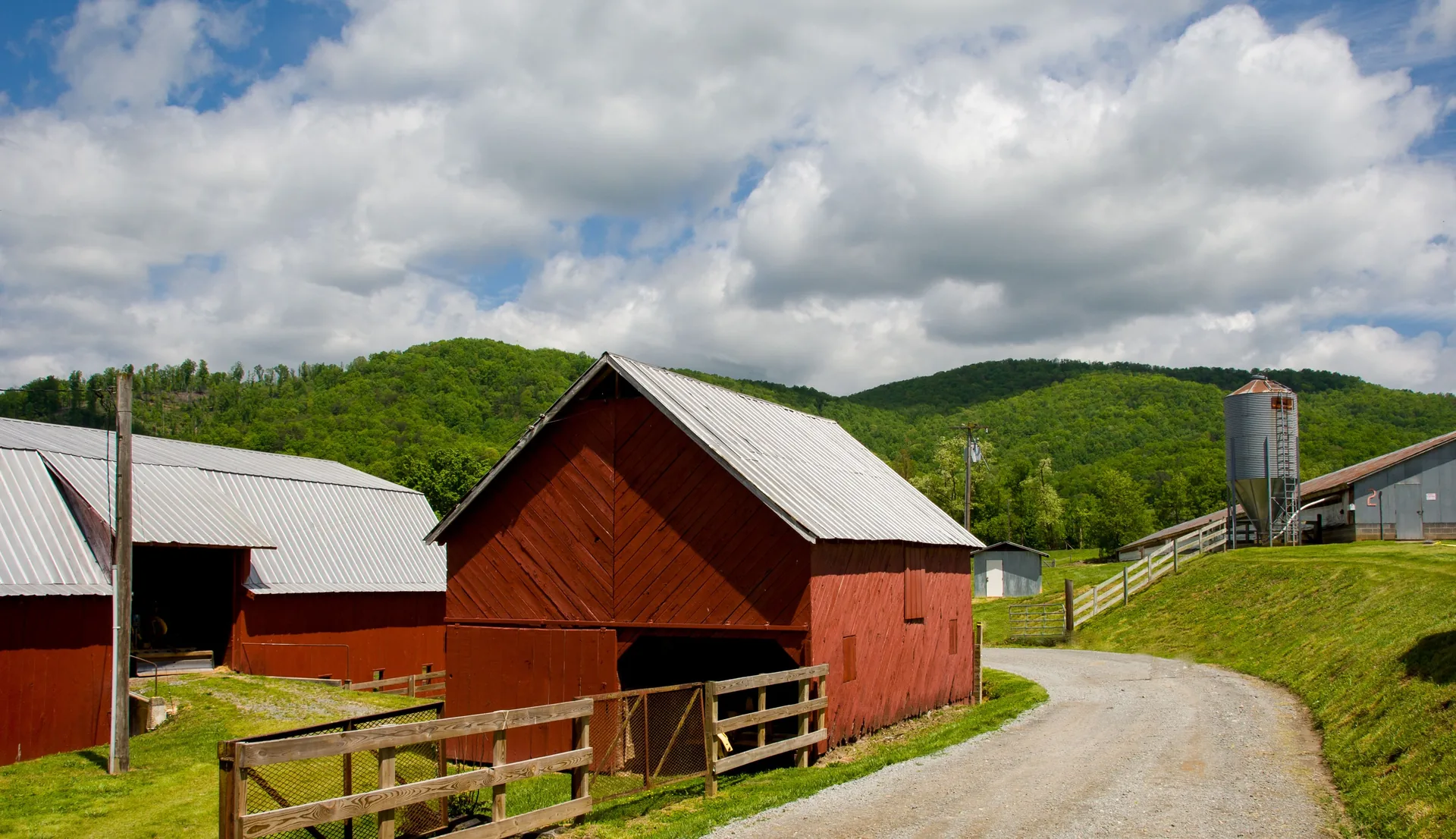 Red barns and rolling hills in rural North Carolina