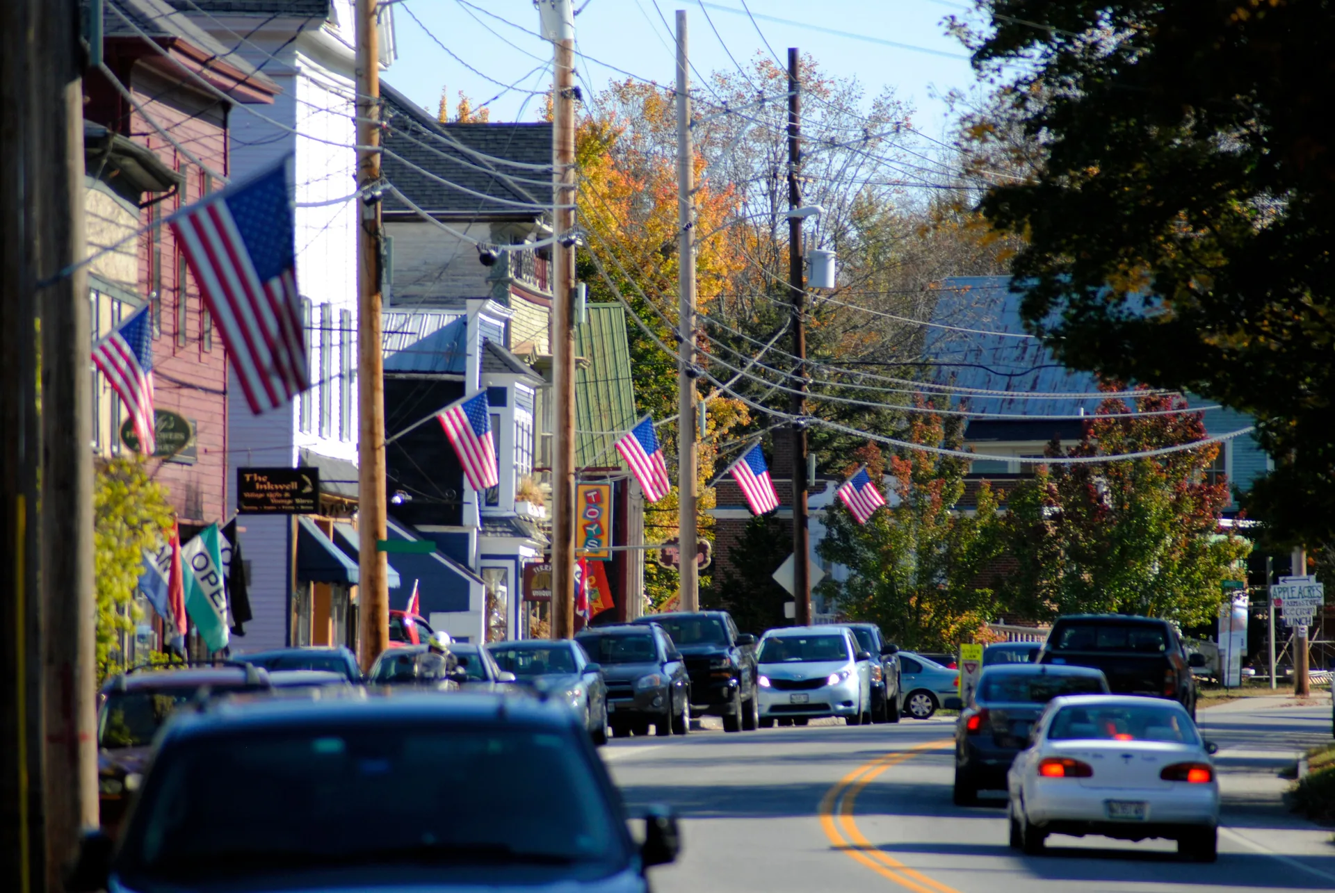 Neighborhood street lined with American flags